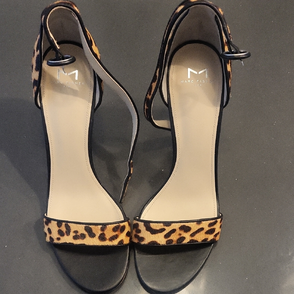 Marc Fisher Leopard Print Heeled Sandals in Black and Tan